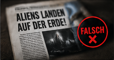 Zeitung mit Alien-Schlagzeile und Falsch-Stempel